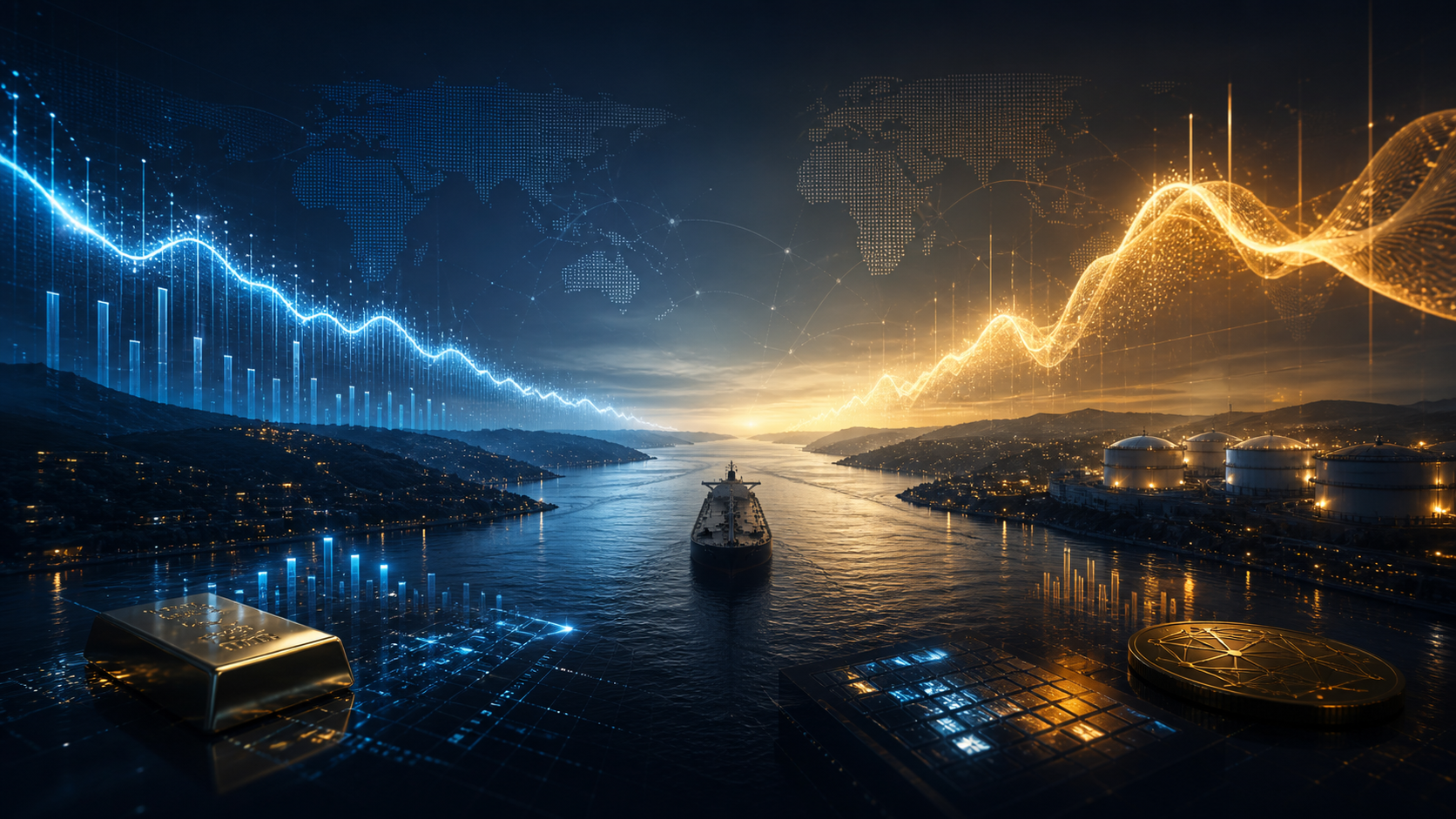 A global financial landscape contrasts cooling blue market signals with rising gold energy pressure, centered on an oil tanker navigating a strategic shipping route.