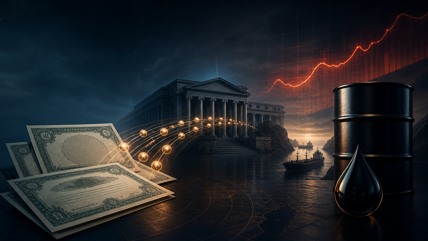 A conceptual macroeconomic illustration of US Treasury bond buybacks, rising inflation pressure and global oil-supply risk affecting financial markets.
